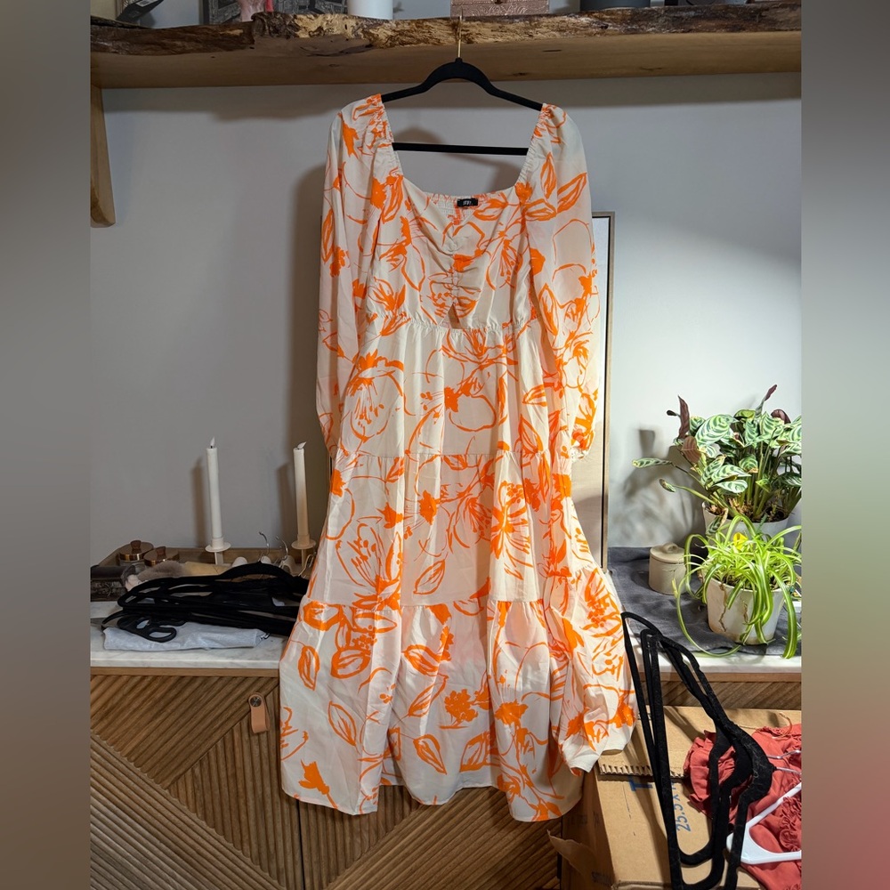 Cream Midi Dress with Bright Orange Floral Print - Women's